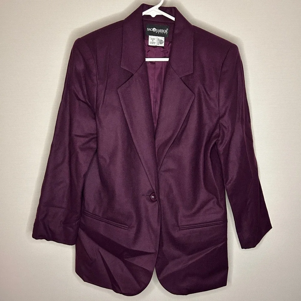Vintage Sag Harbor Petite Purple 100% Pure Wool Blazer Jacket 8P Fall Minimalist